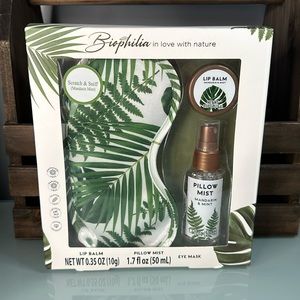 Biophilia Lip Balm, Pillow Mist, and Eye Mask